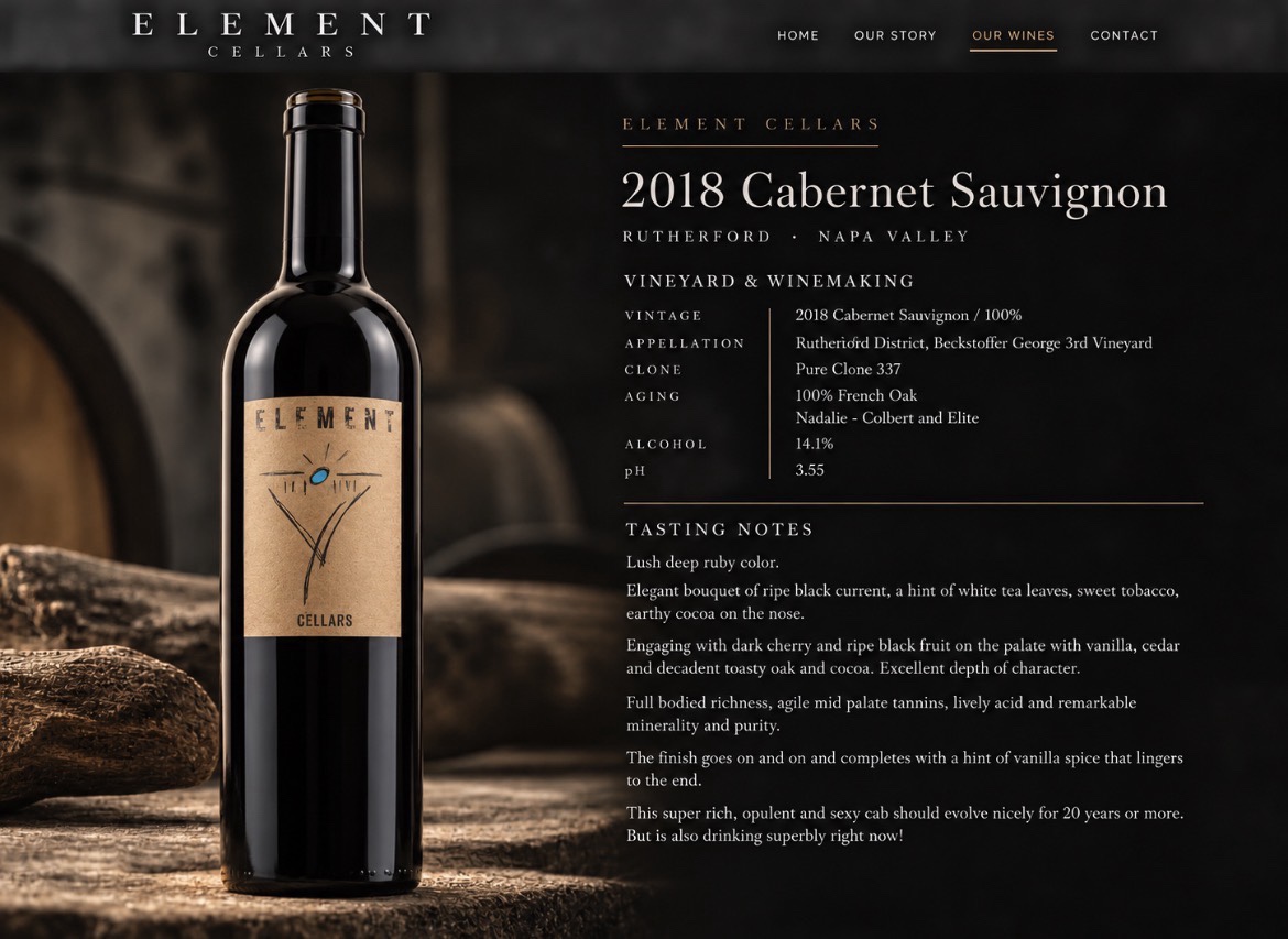 Element Cellars 2018 Cabernet Sauvignon with vineyard and barrel background, grape growing specifications and tasting notes. The navigation above the image is clickable.